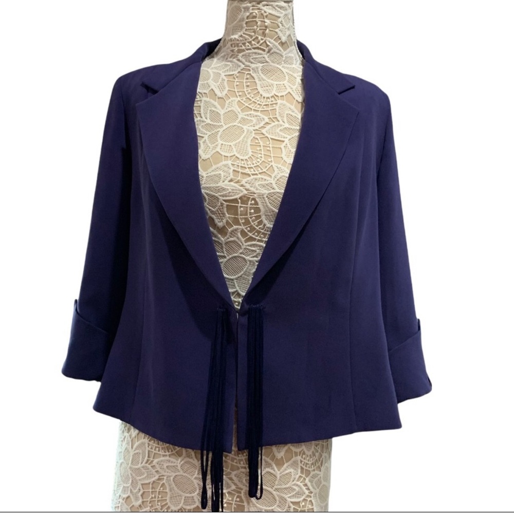 Vintage 80s 90s Catrina Cropped Blazer Wide Sleeve Purple Navy Fringe Tassels L
